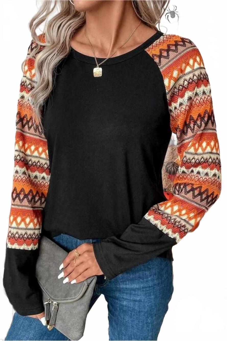 NEW LOVESOFT print raglan patchwork long sleeve top in orange geo